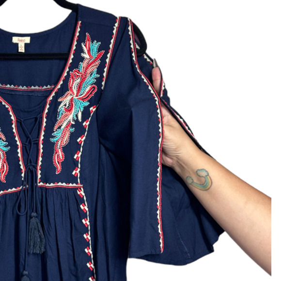 Reba Slit Sleeve Embroidered Navy India Tie Front Bohemian Hippie Tunic Size L - Picture 5 of 9